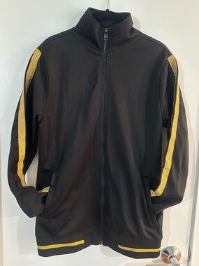 Men's Black Track Jacket with Sparkly Gold Stripes. Fits like a Women’s m/l